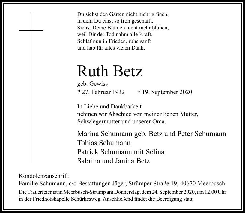 Traueranzeige von Ruth Betz