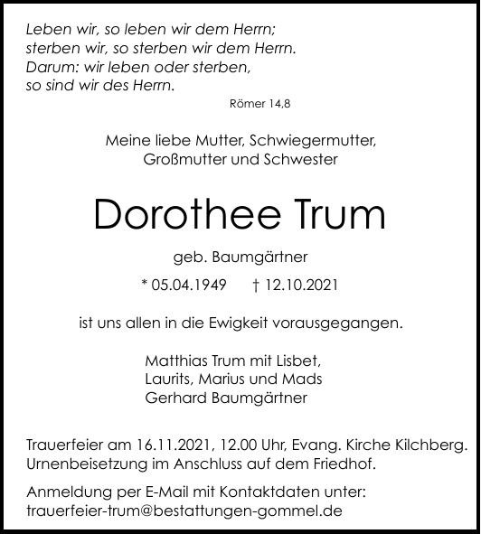 Traueranzeige von Dorothee Trum