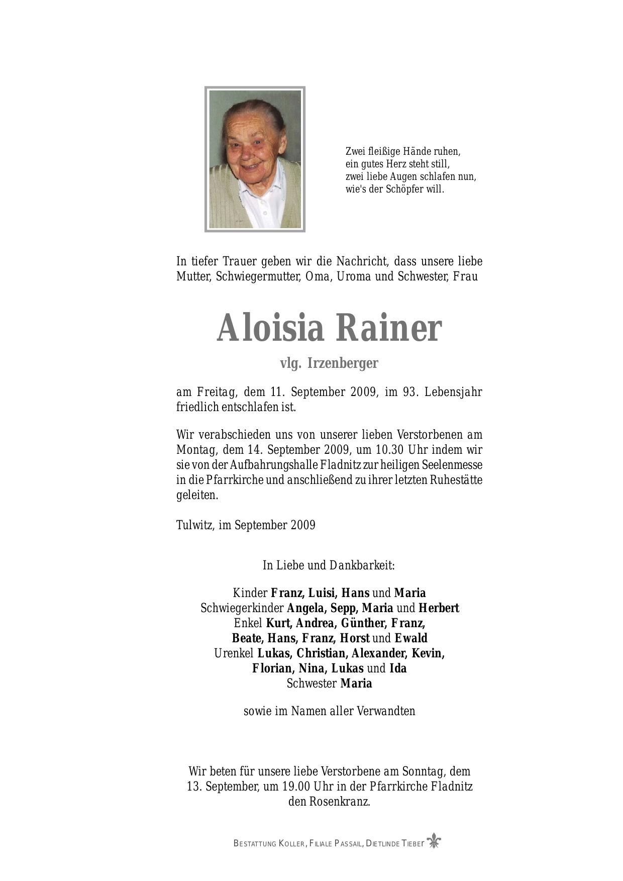 Traueranzeige von Aloisia Rainer