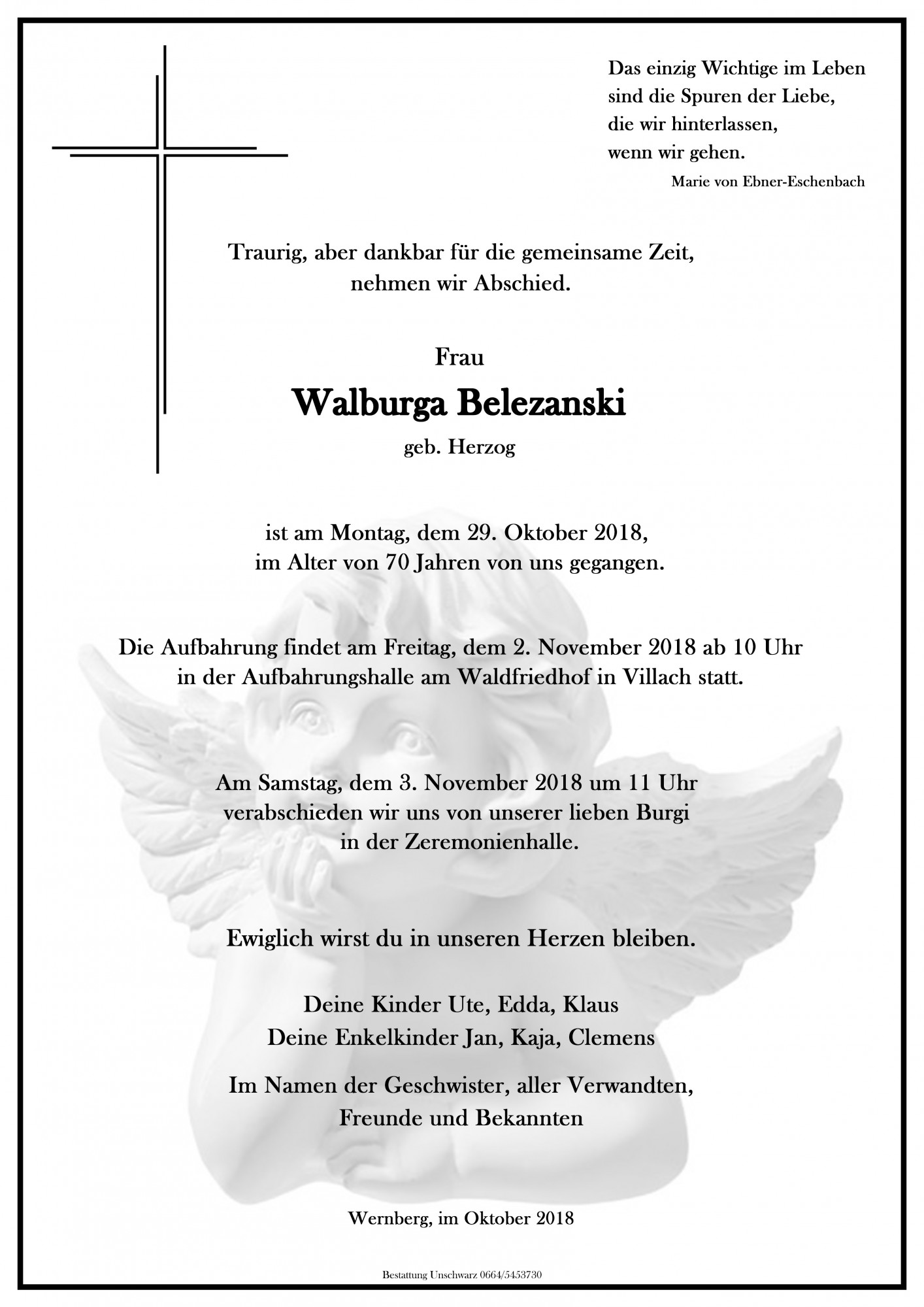 Traueranzeige von Walburga Belezanski