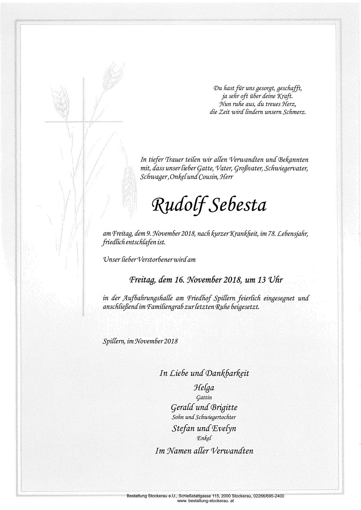 Traueranzeige von Rudolf Sebesta