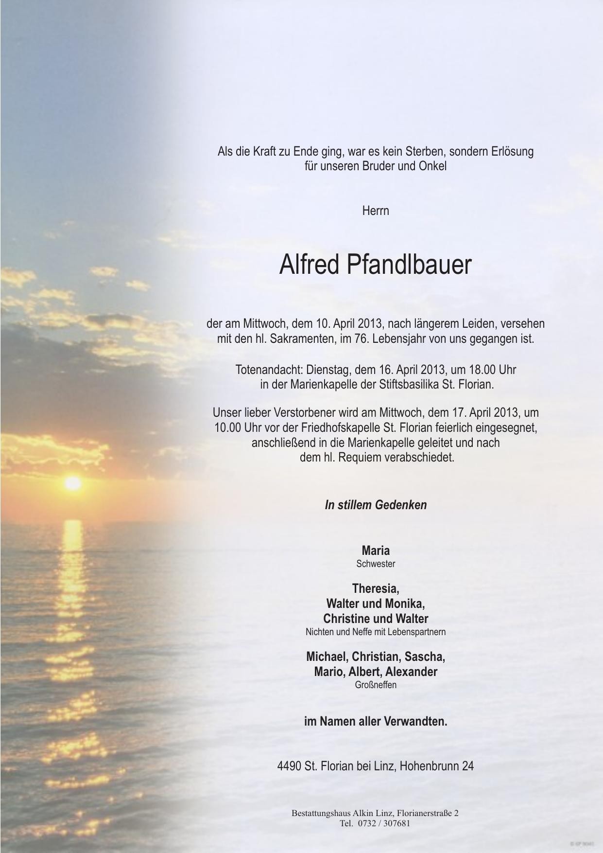 Traueranzeige von Alfred Pfandlbauer