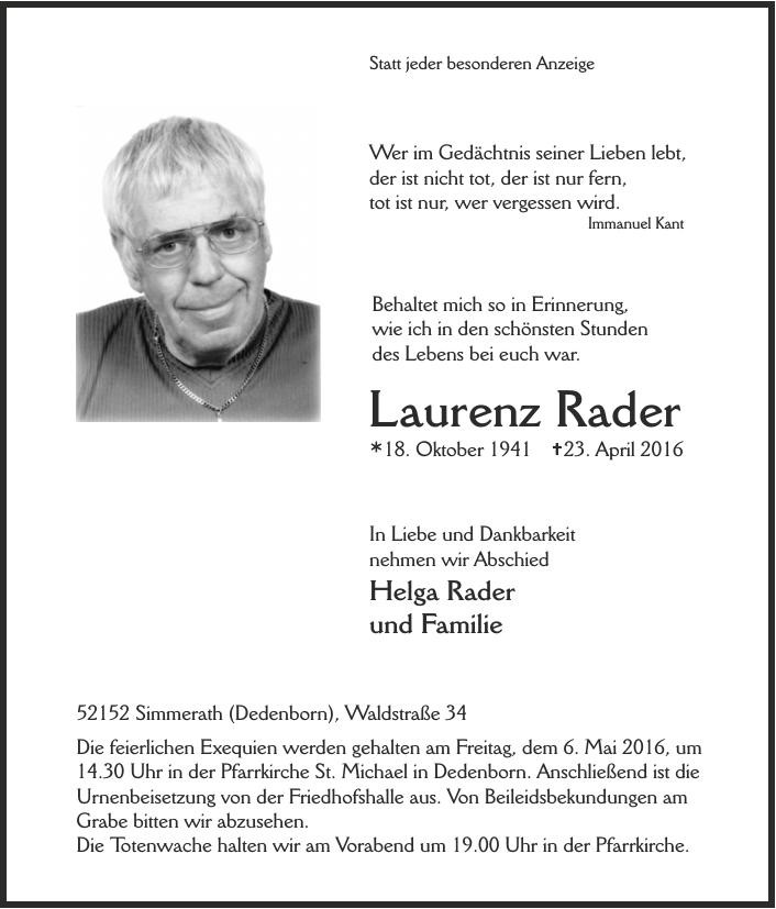Traueranzeige von Laurenz Rader