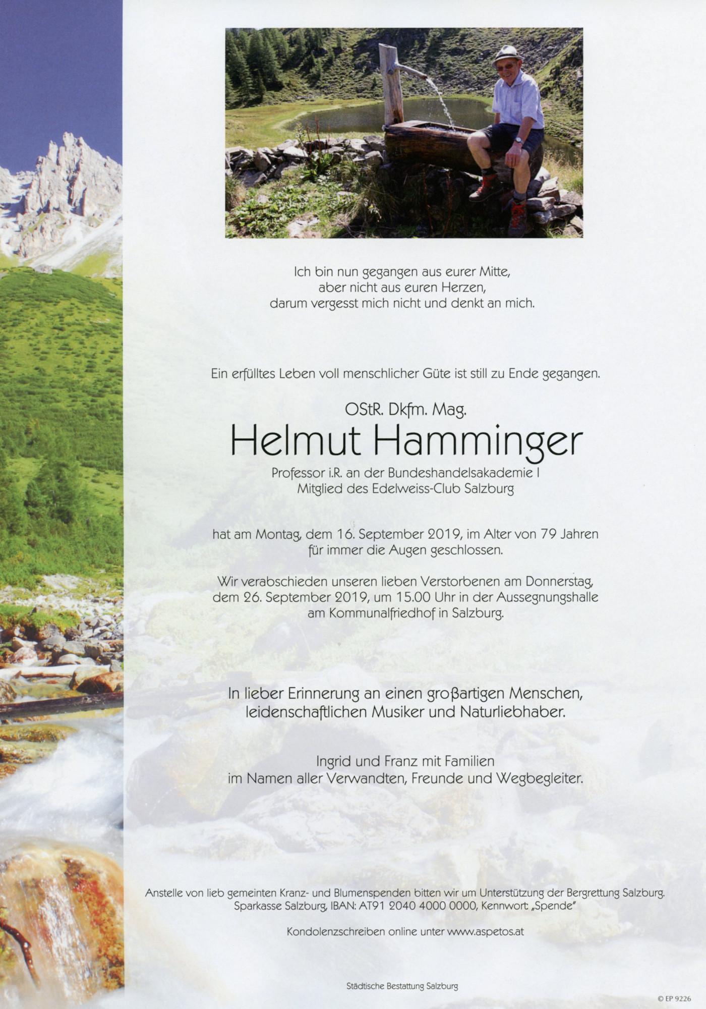 Traueranzeige von Dkfm. OStR. Mag. Helmut Hamminger