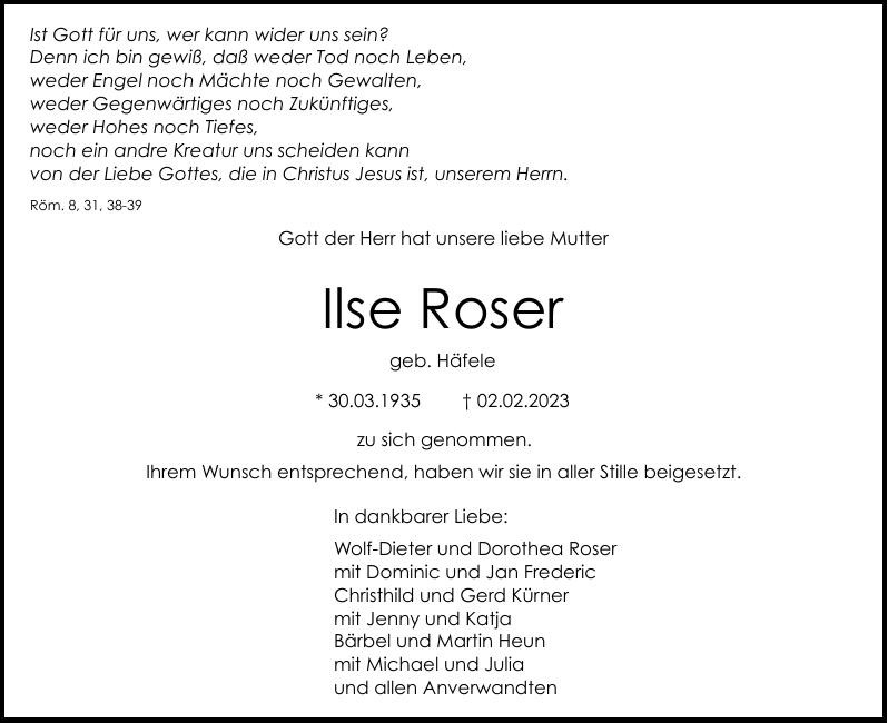 Traueranzeige von Ilse Roser