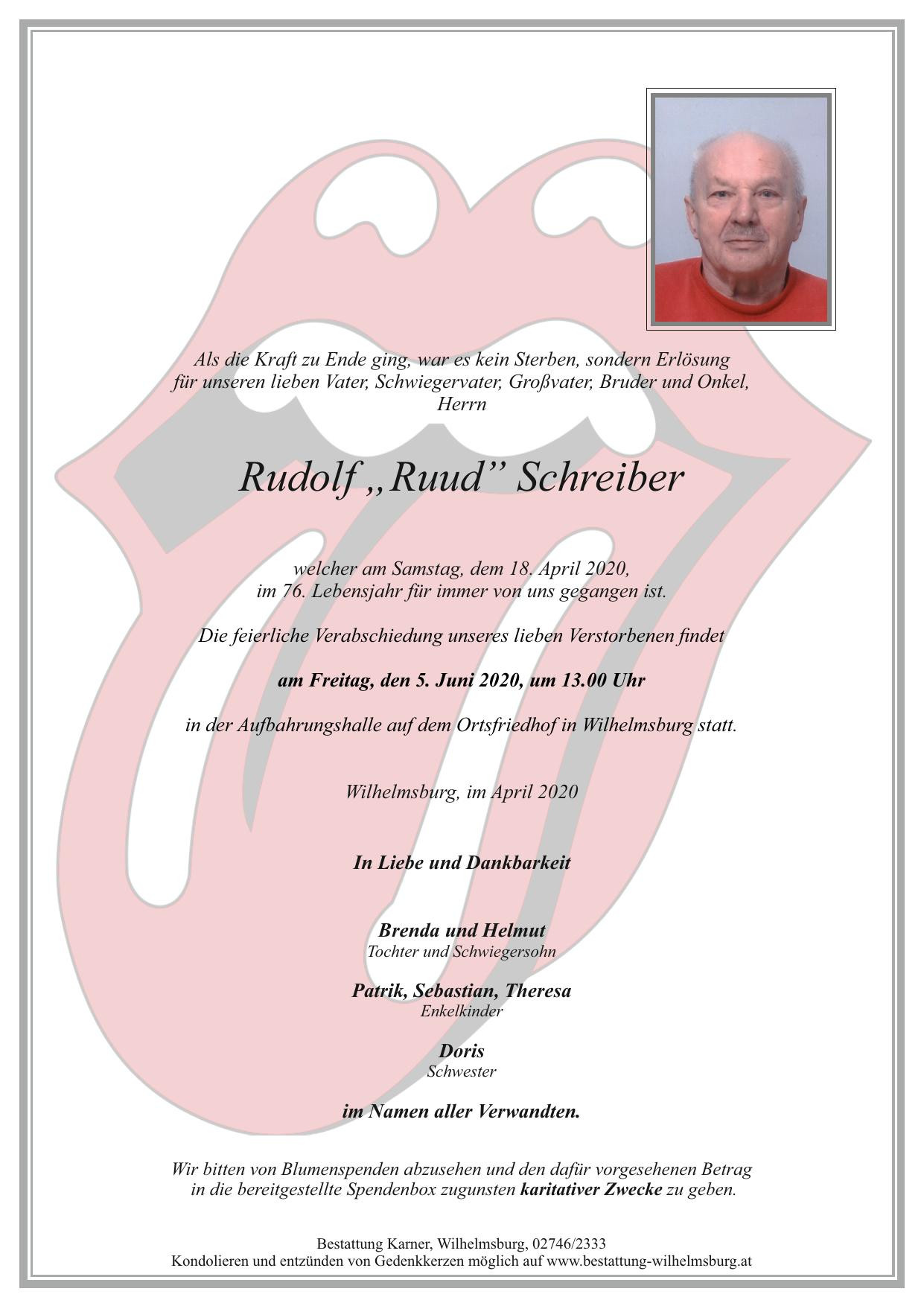 Traueranzeige von Rudolf "Ruud" Schreiber
