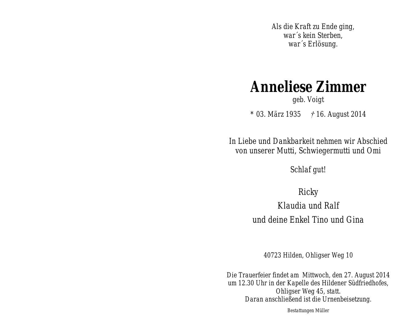 Traueranzeige von Anneliese Zimmer