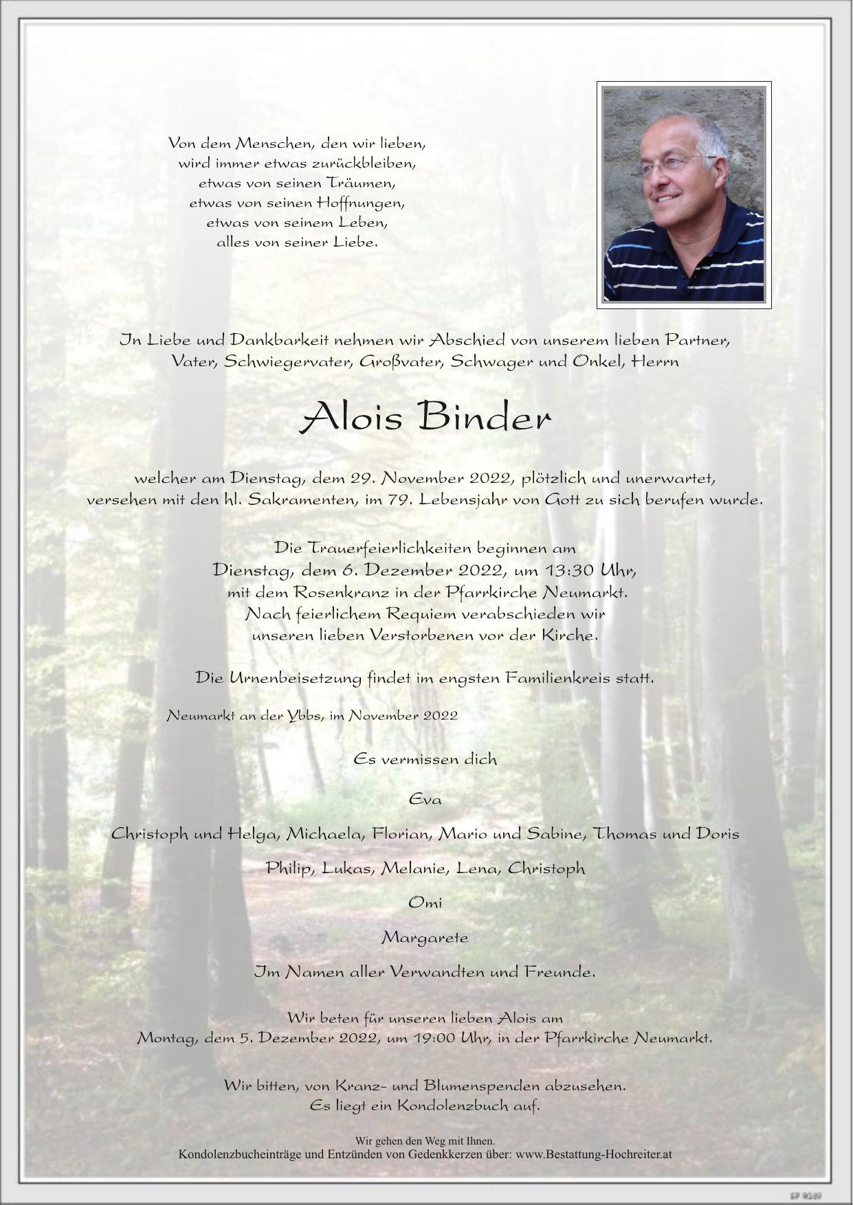 Traueranzeige von Alois Binder