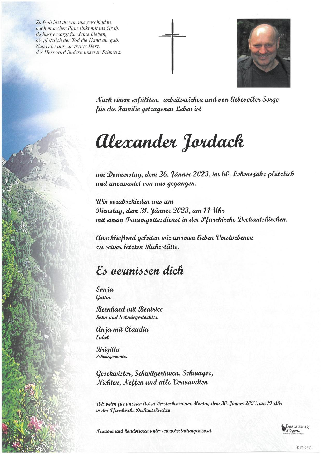 Traueranzeige von Alexander Jordack