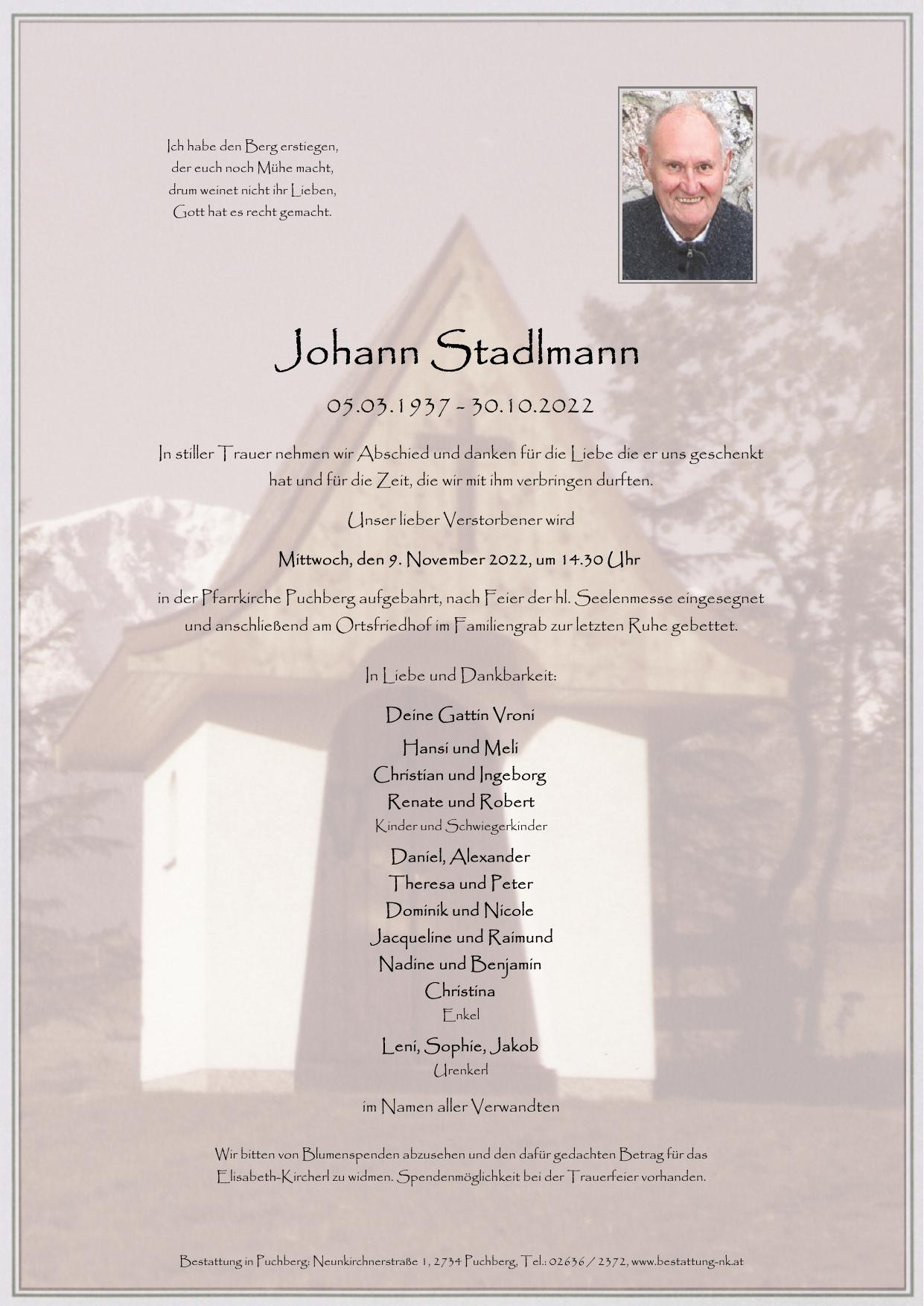 Traueranzeige von Johann Stadlmann