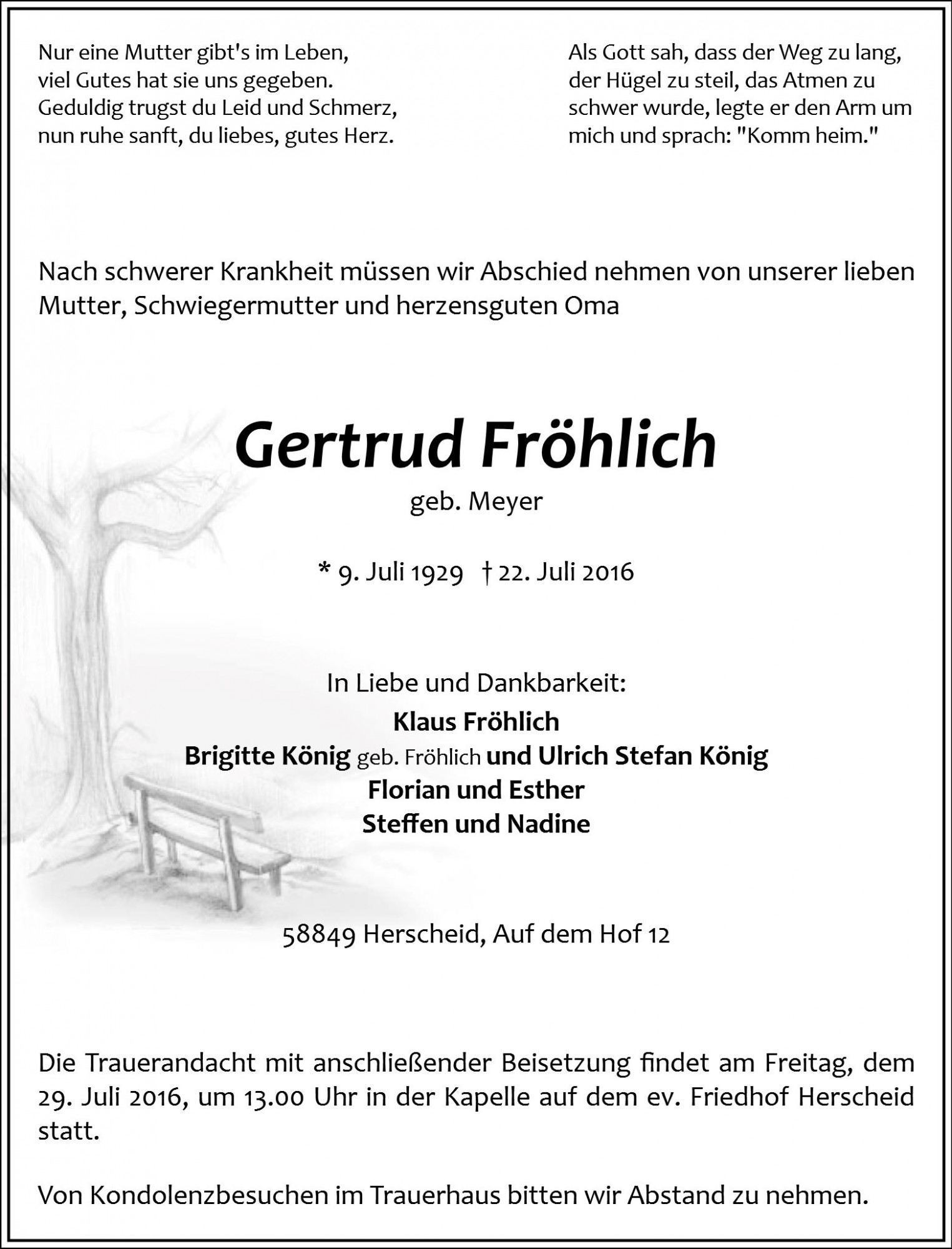 Traueranzeige von Gertrud Fröhlich