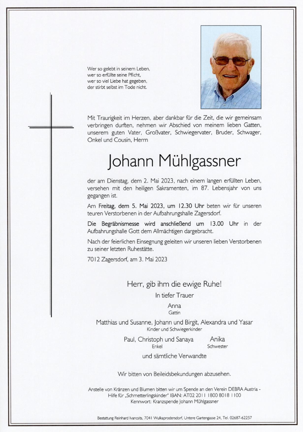 Traueranzeige von Johann Mühlgassner