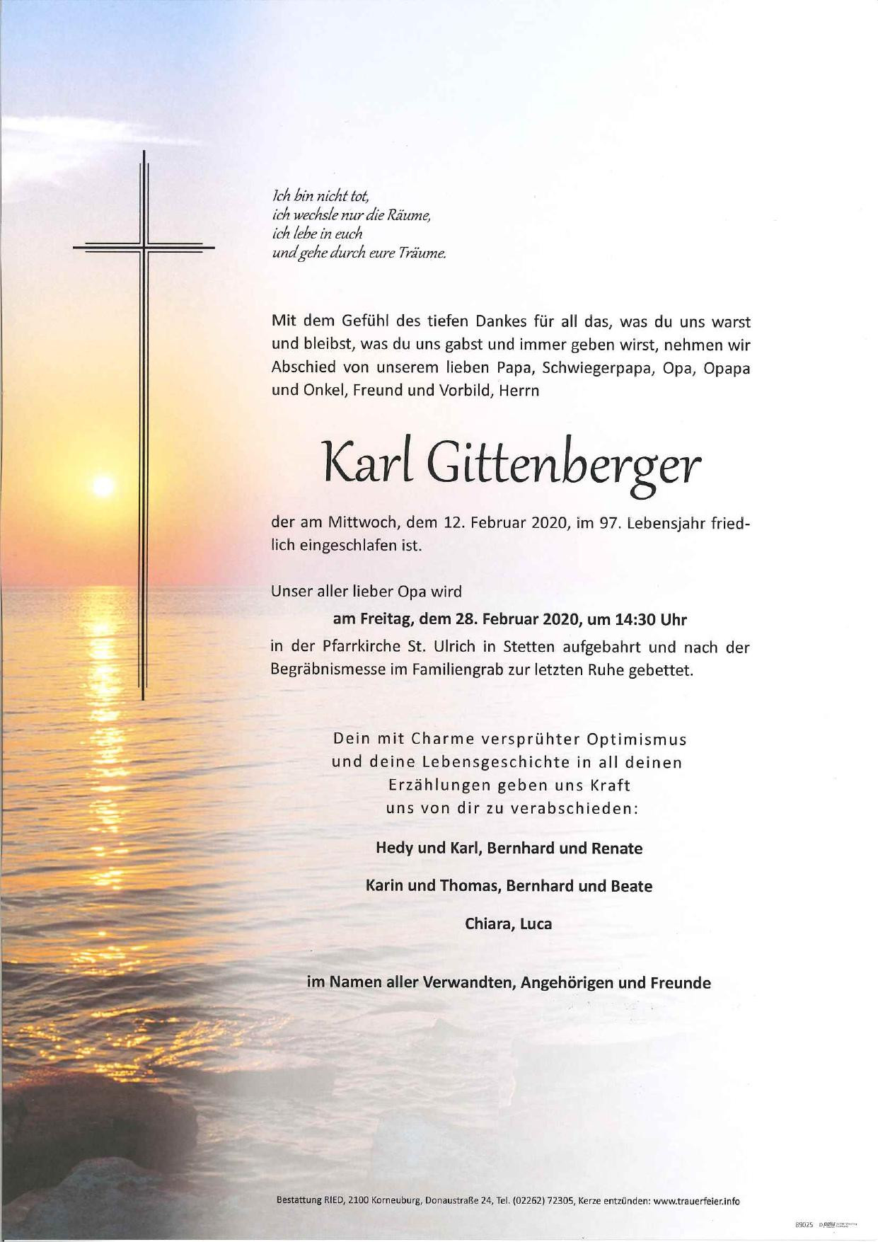 Traueranzeige von Karl Gittenberger