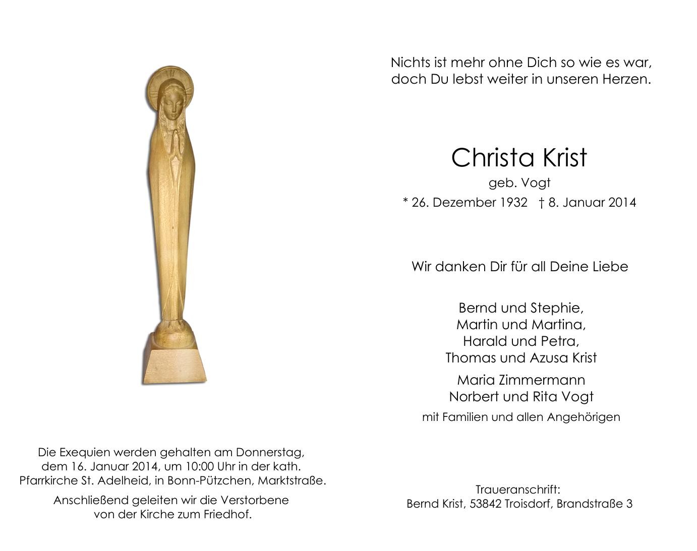 Traueranzeige von Christa Krist