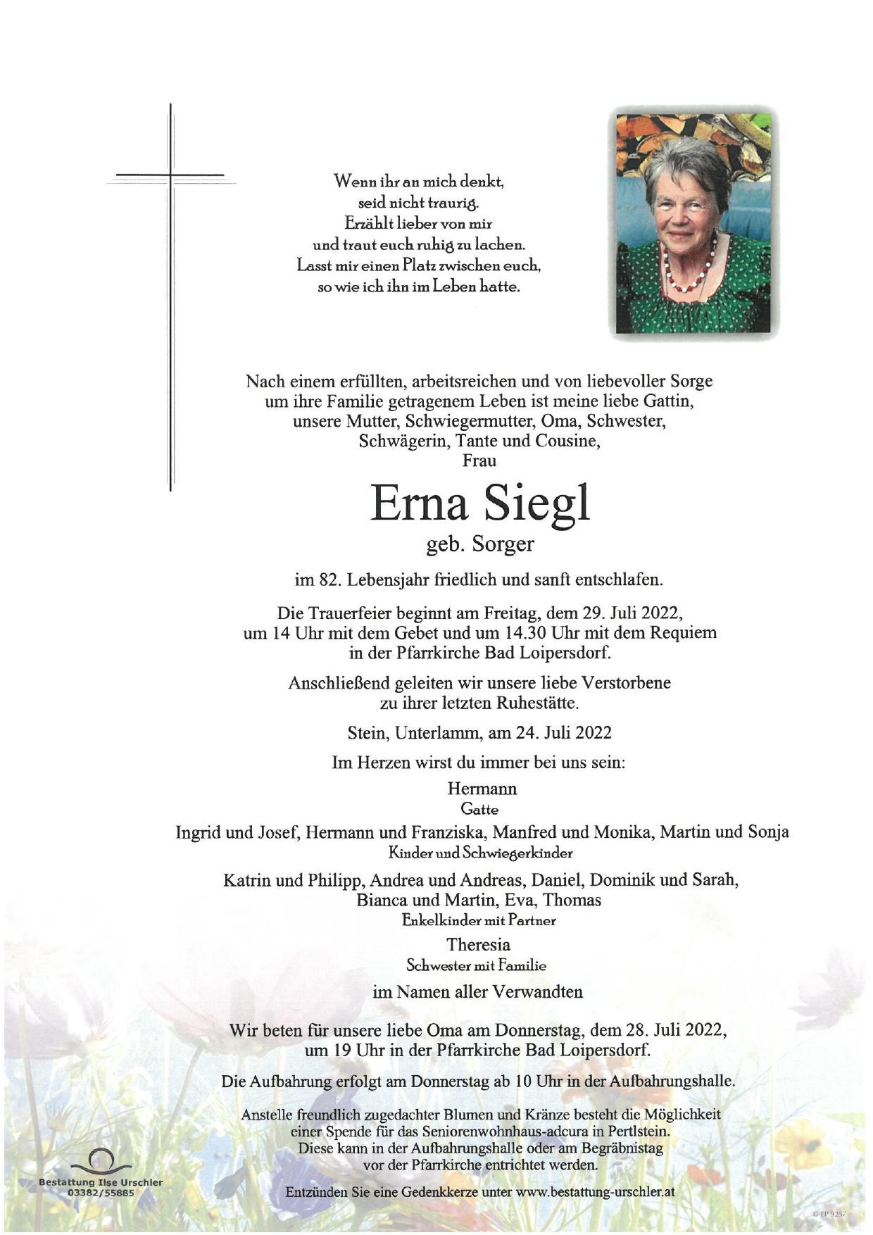 Traueranzeige von Erna Siegl
