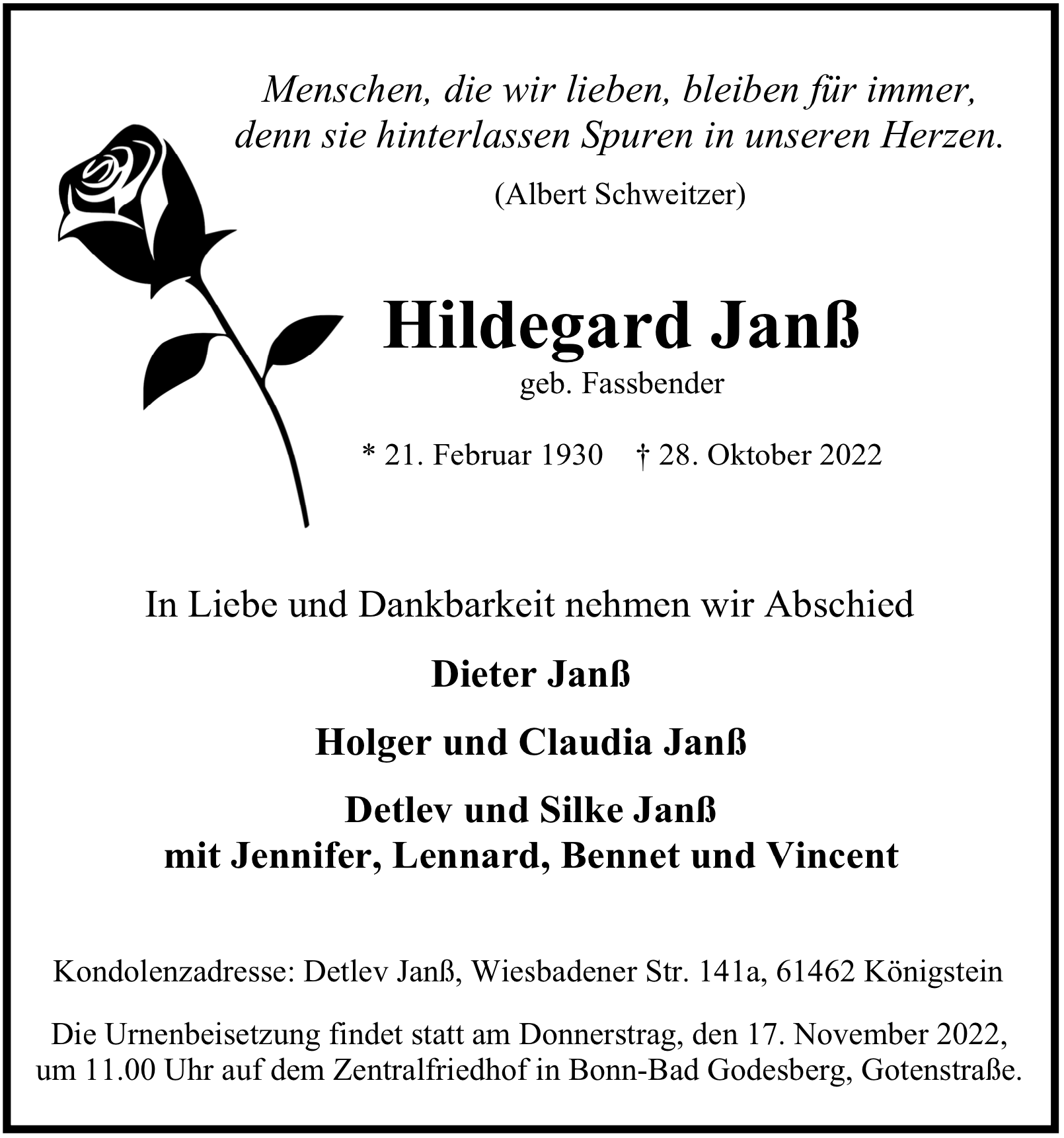 Traueranzeige von Hildegard Janß