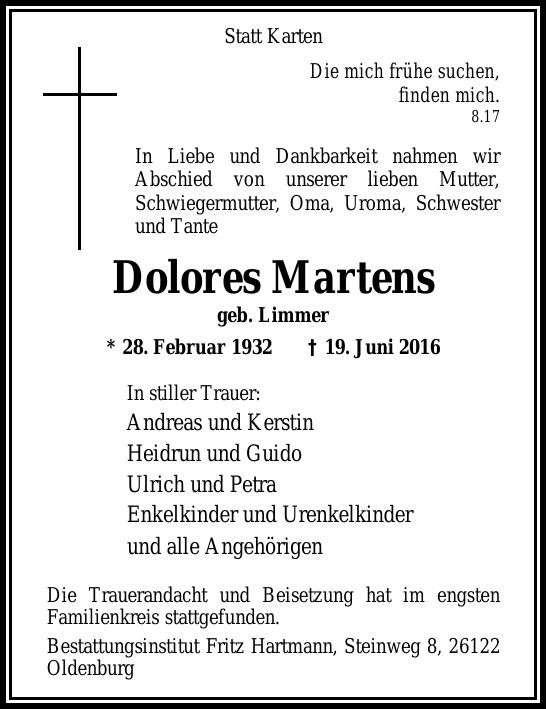 Traueranzeige von Dolores Martens