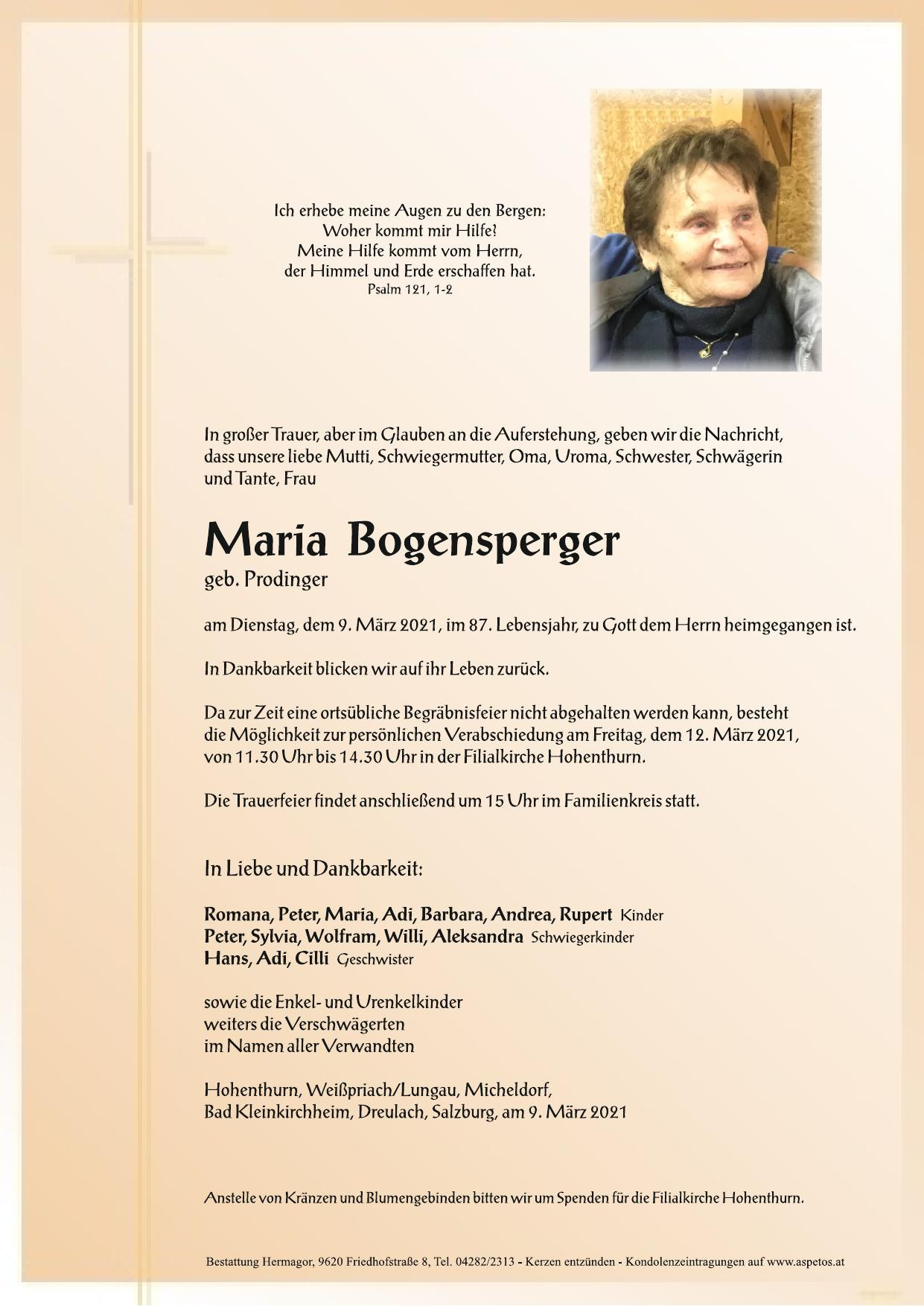 Traueranzeige von Maria Bogensperger