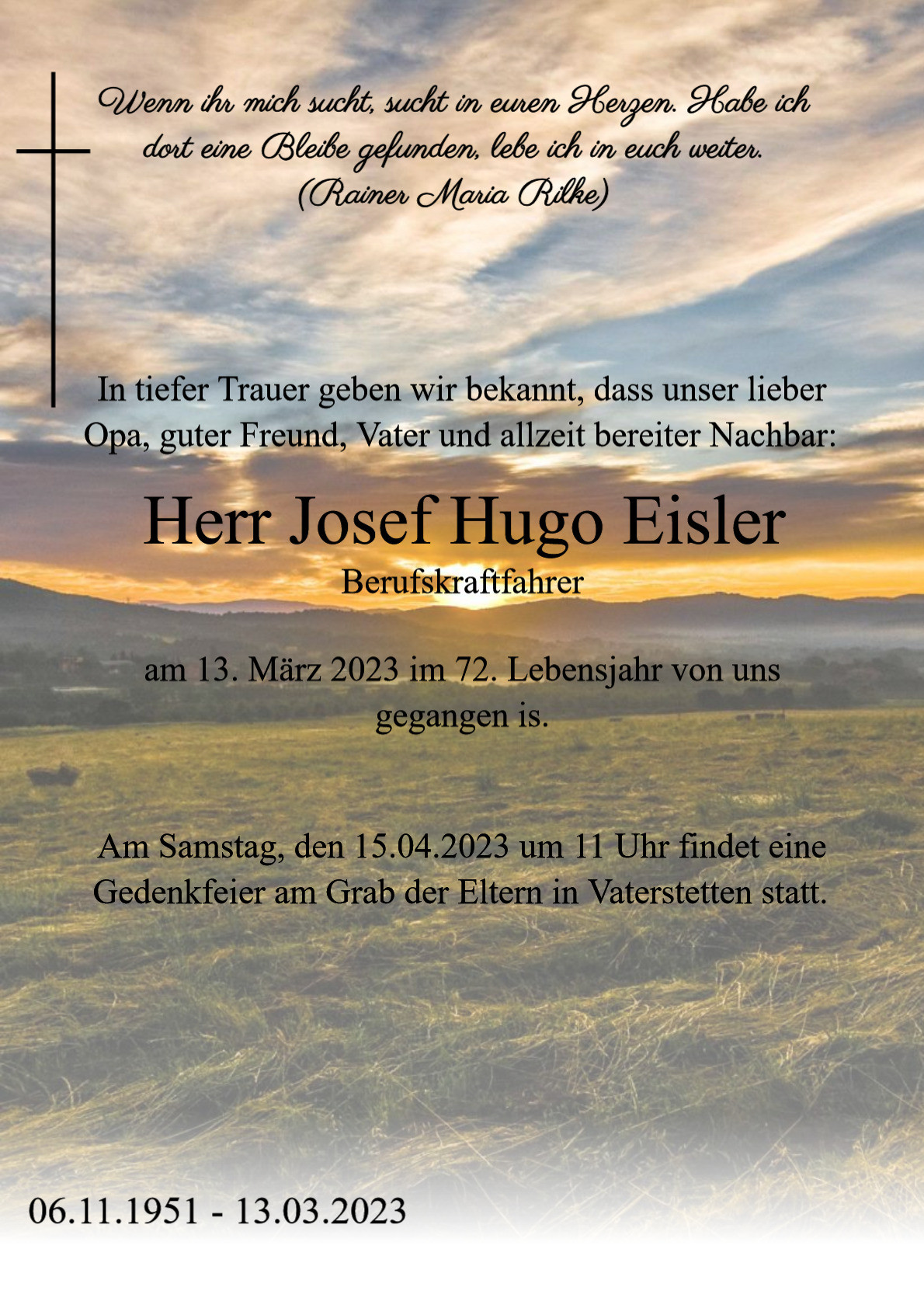 Traueranzeige von Herr Josef Hugo Eisler