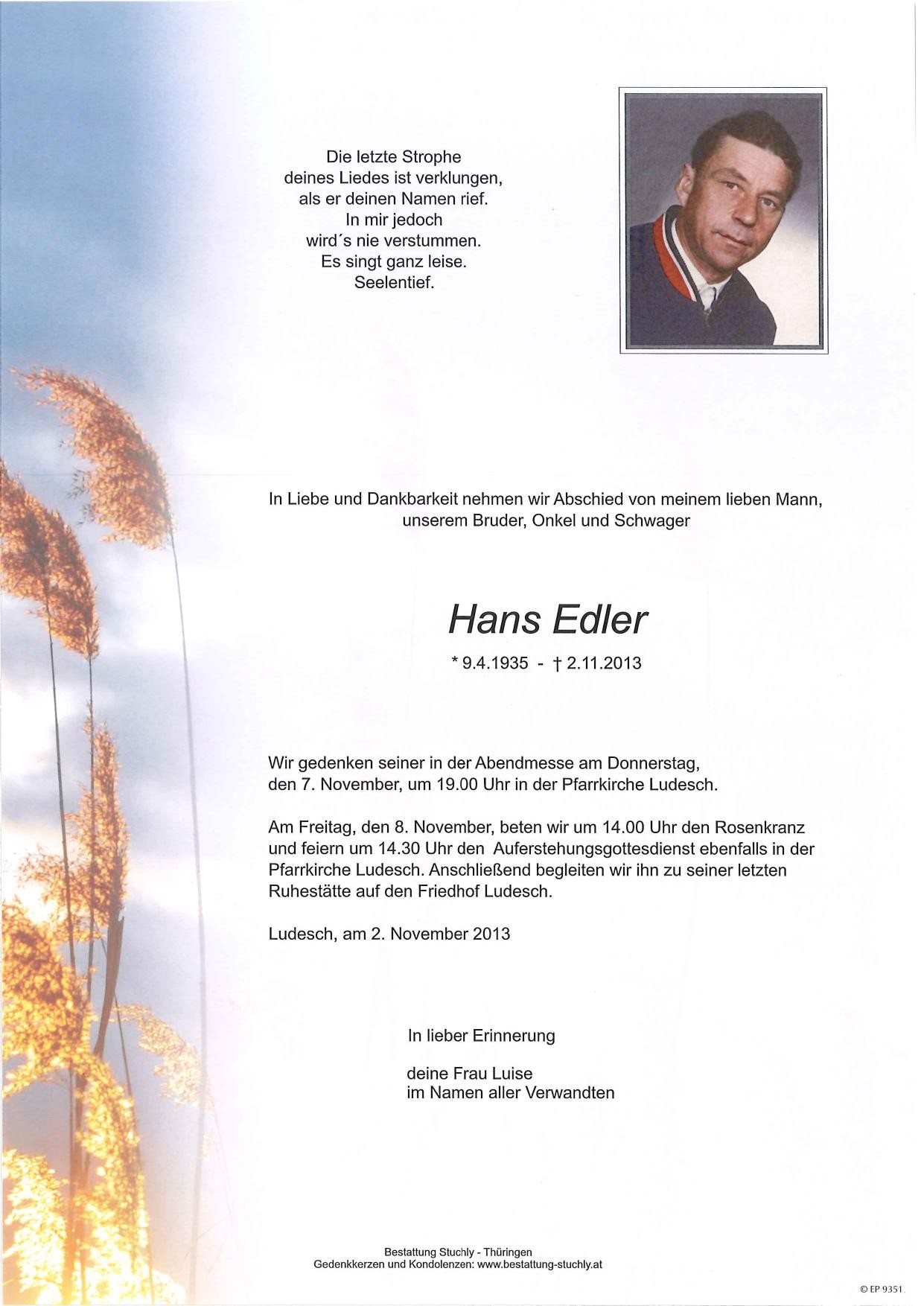 Traueranzeige von Hans Edler