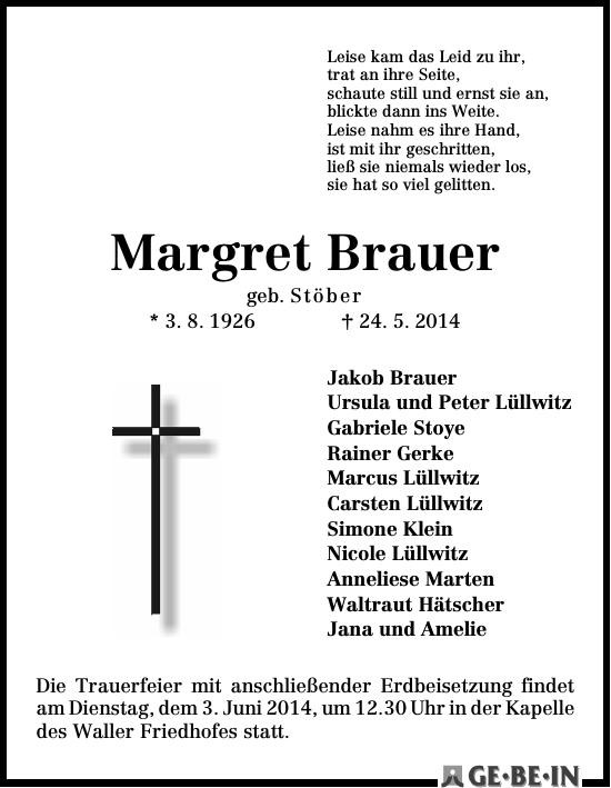 Traueranzeige von Margret Brauer