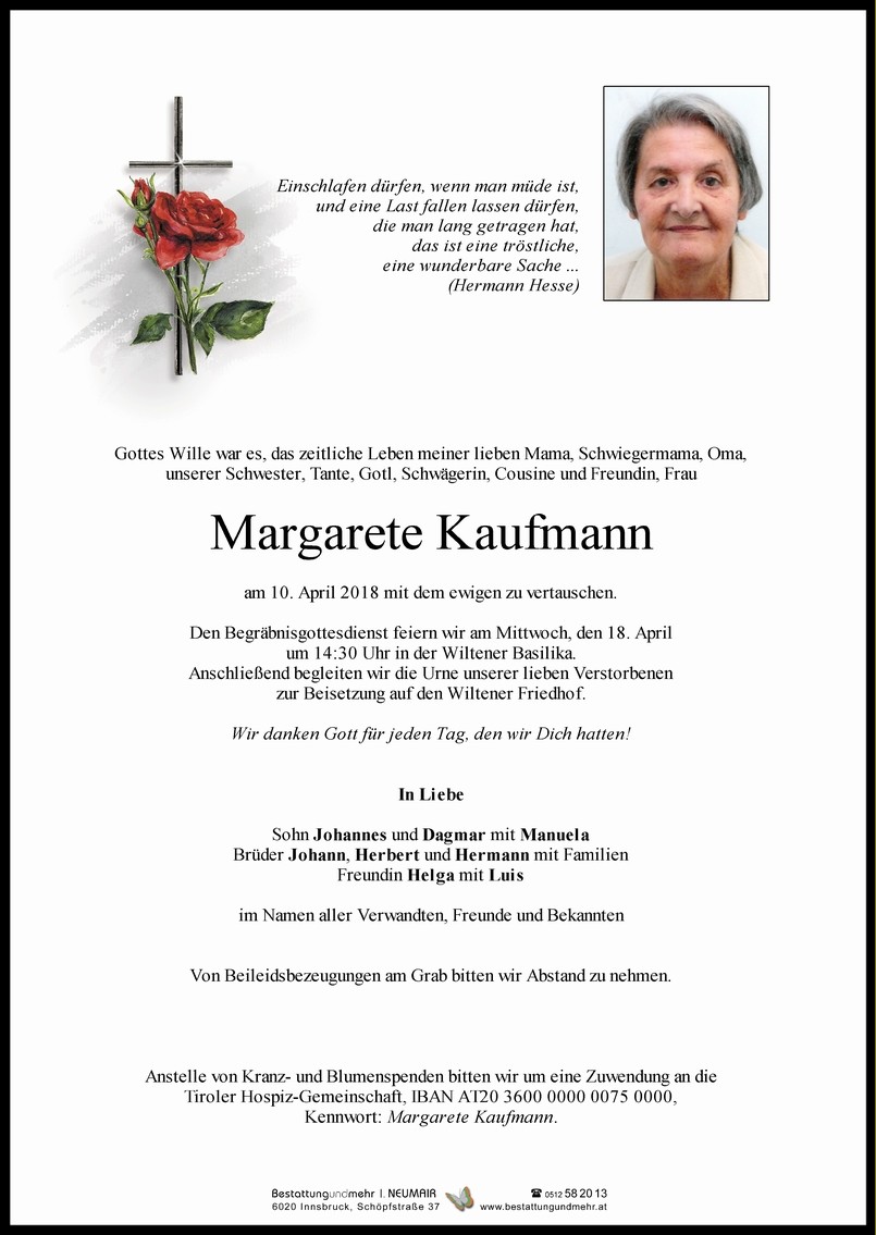 Traueranzeige von Margarete Kaufmann
