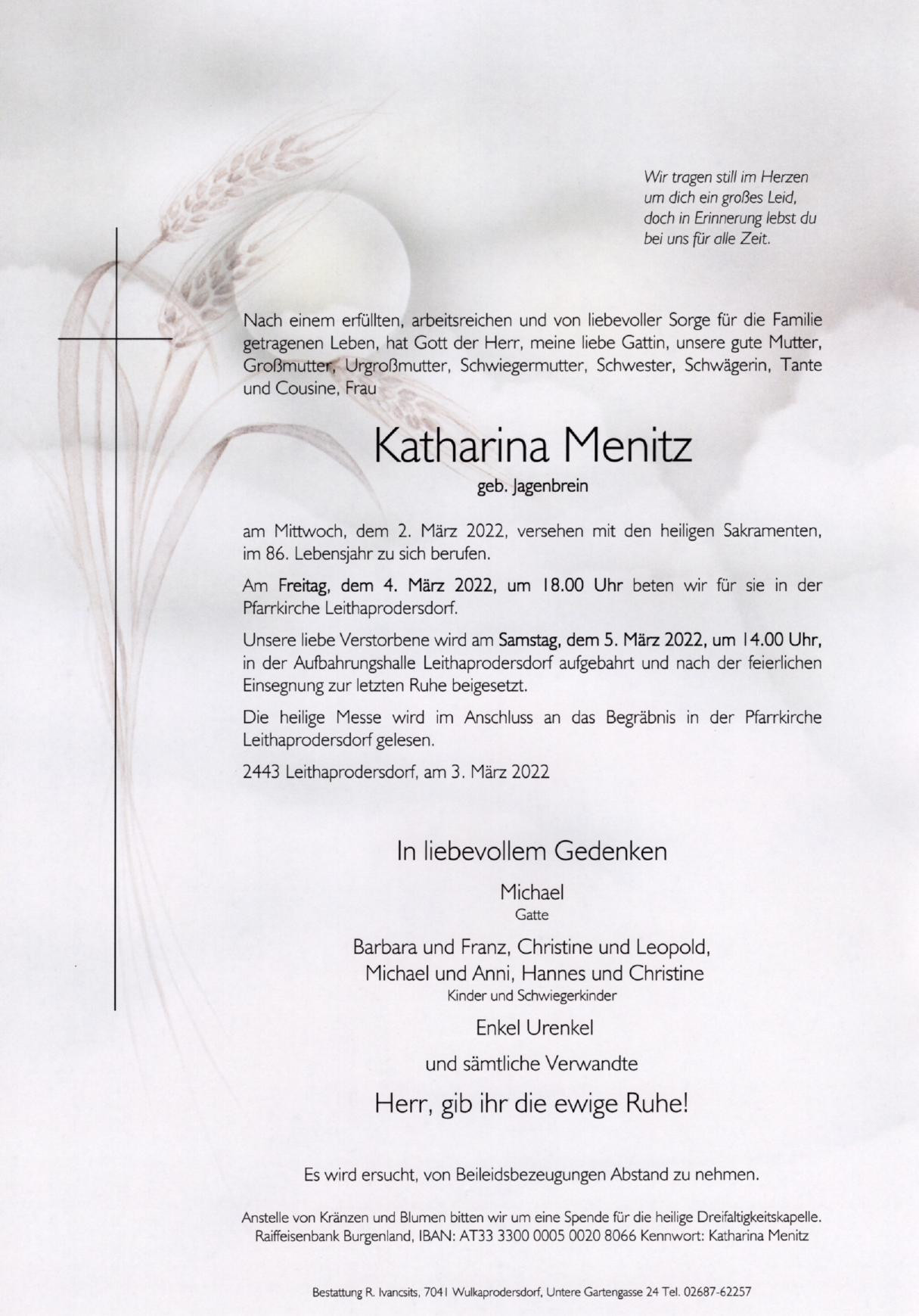 Traueranzeige von Katharina Menitz