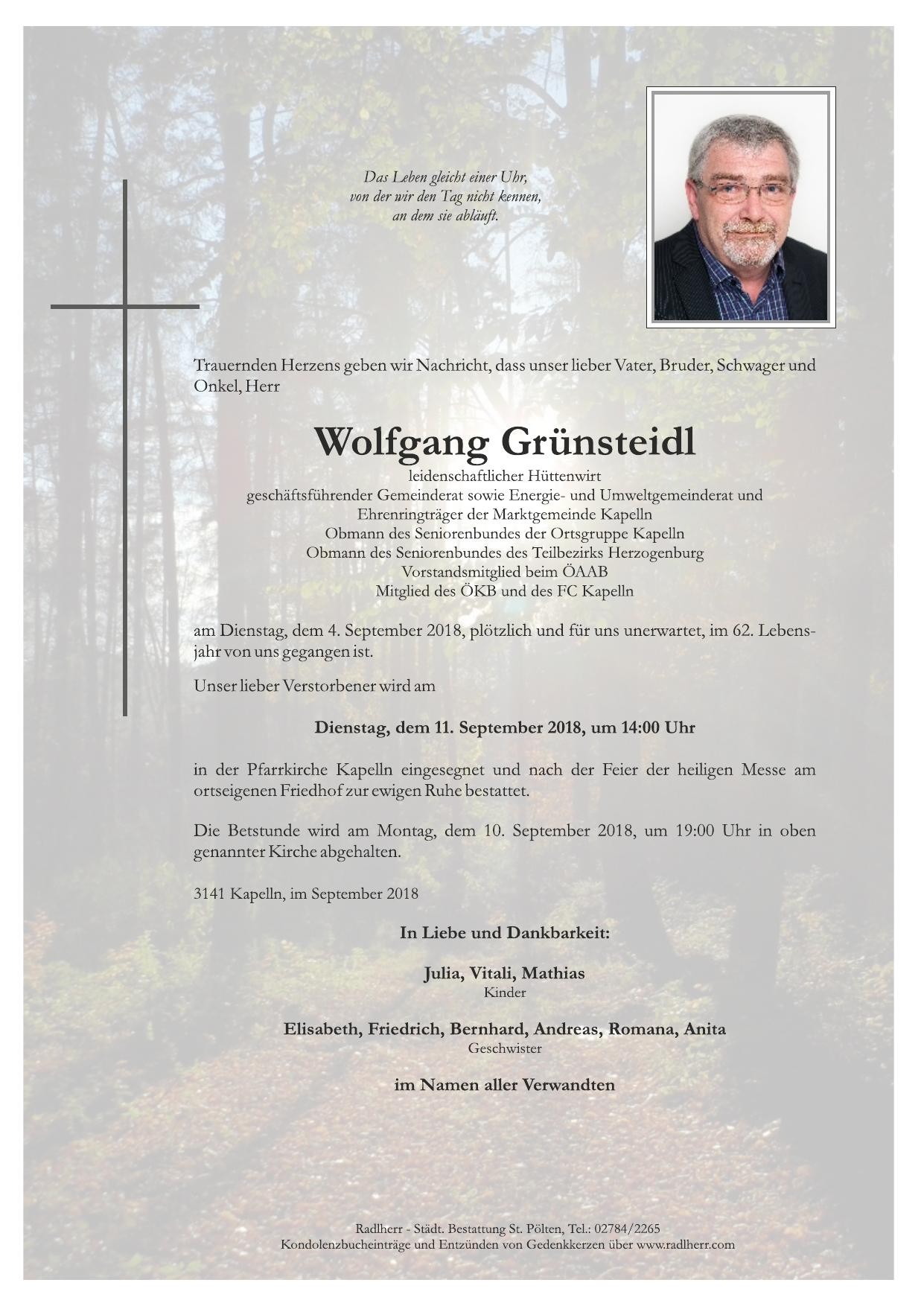 Traueranzeige von Wolfgang Grünsteidl