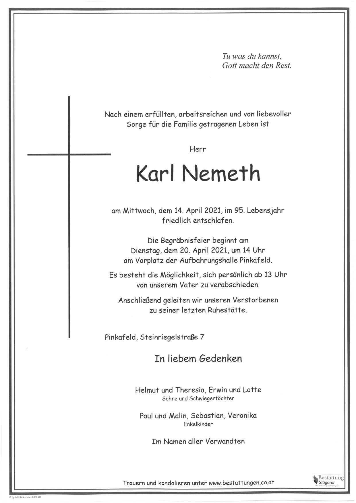Traueranzeige von Karl Nemeth