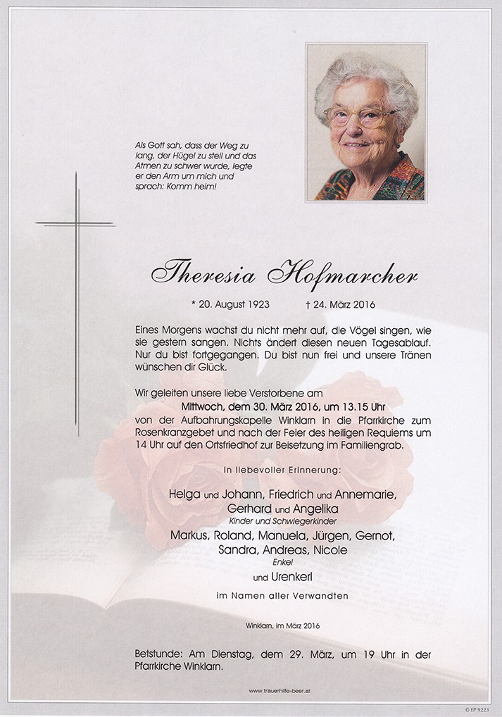Traueranzeige von Theresia Hofmarcher