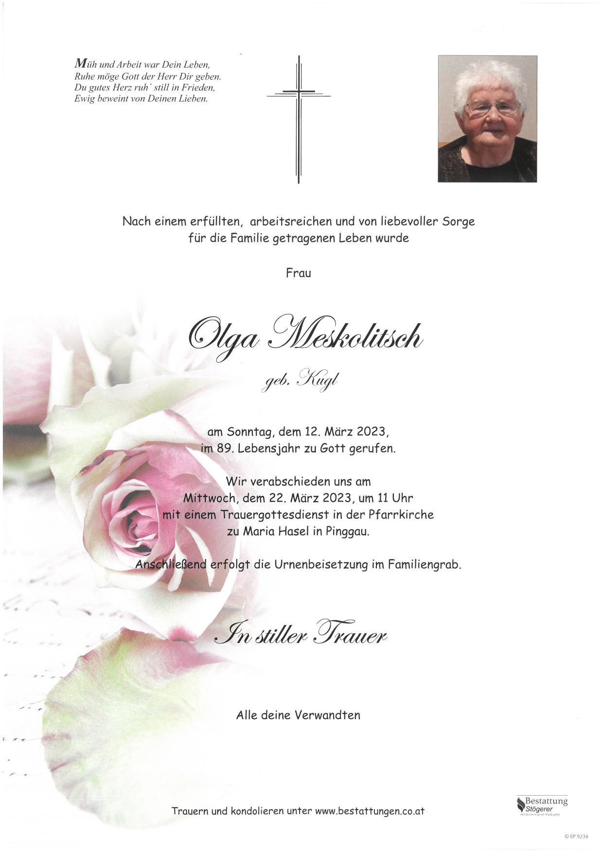 Traueranzeige von Olga Meskolitsch