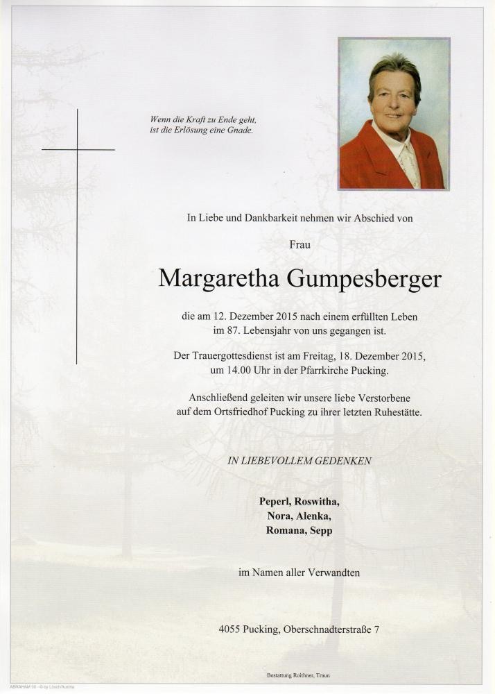 Traueranzeige von Margaretha Gumpesberger