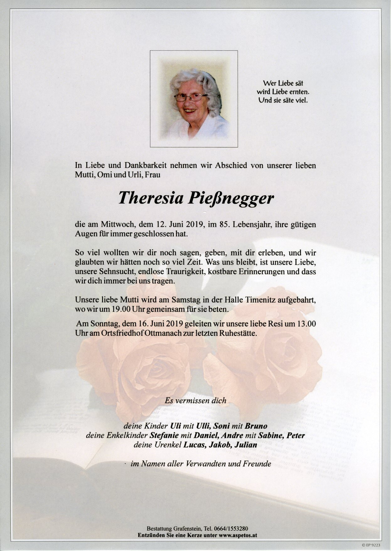 Traueranzeige von Theresia Pießnegger