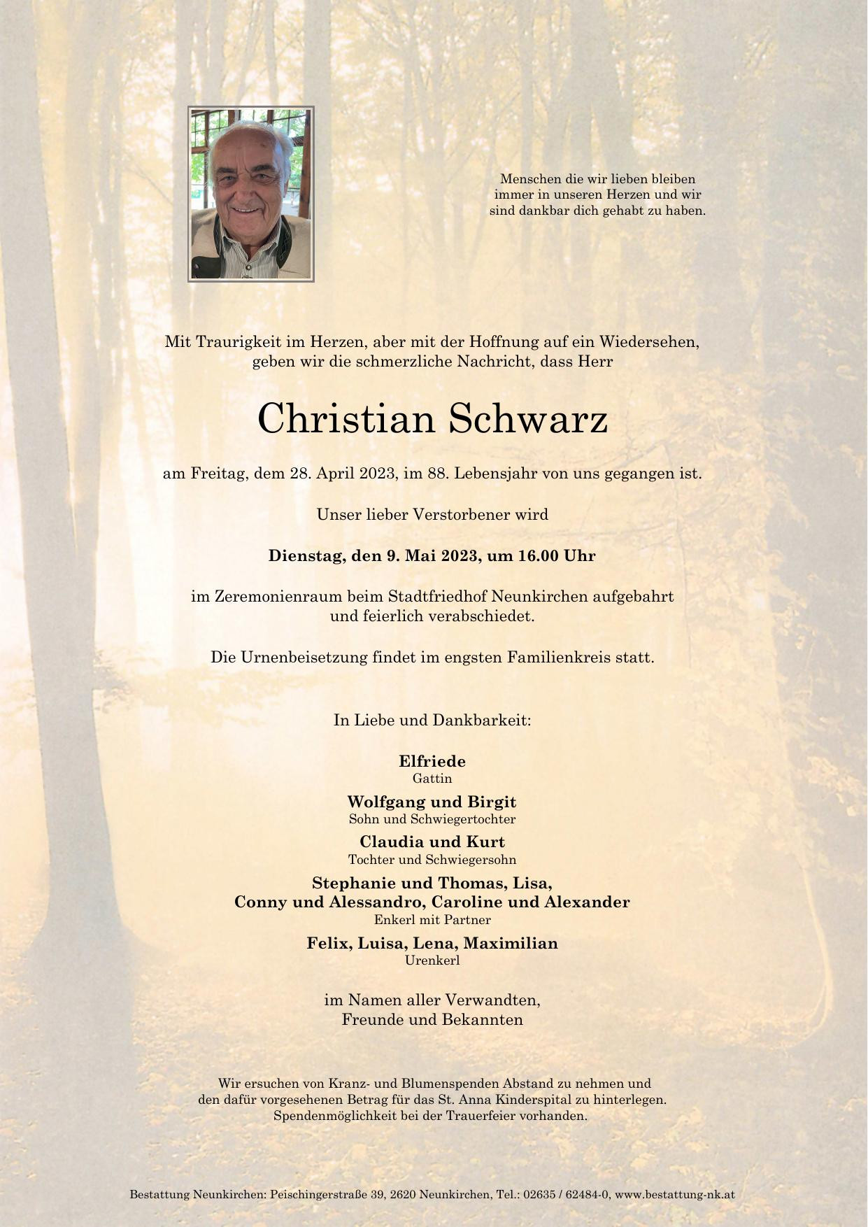 Traueranzeige von Christian Schwarz