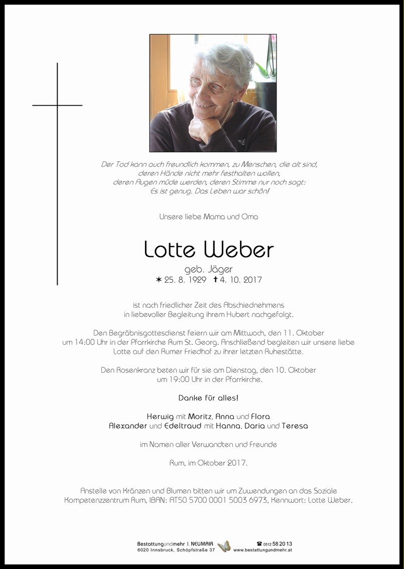 Traueranzeige von Lotte Weber