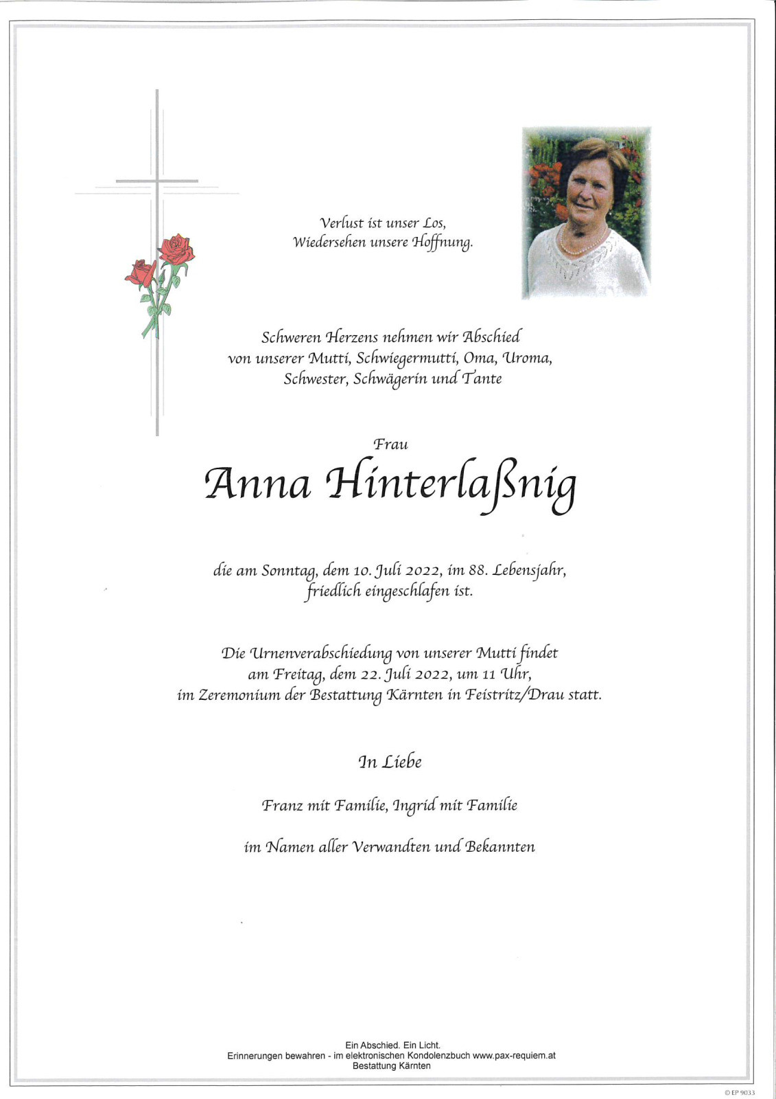 Traueranzeige von Anna Hinterlaßnig
