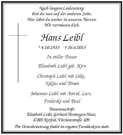 Traueranzeige von Hans Leibl