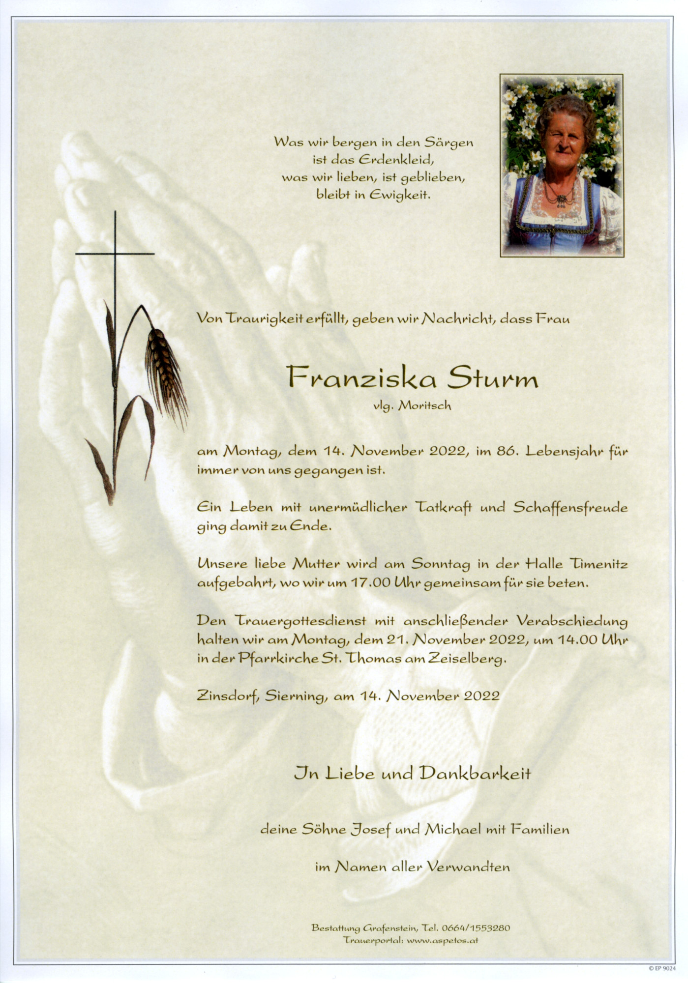 Traueranzeige von Frau Franziska Sturm