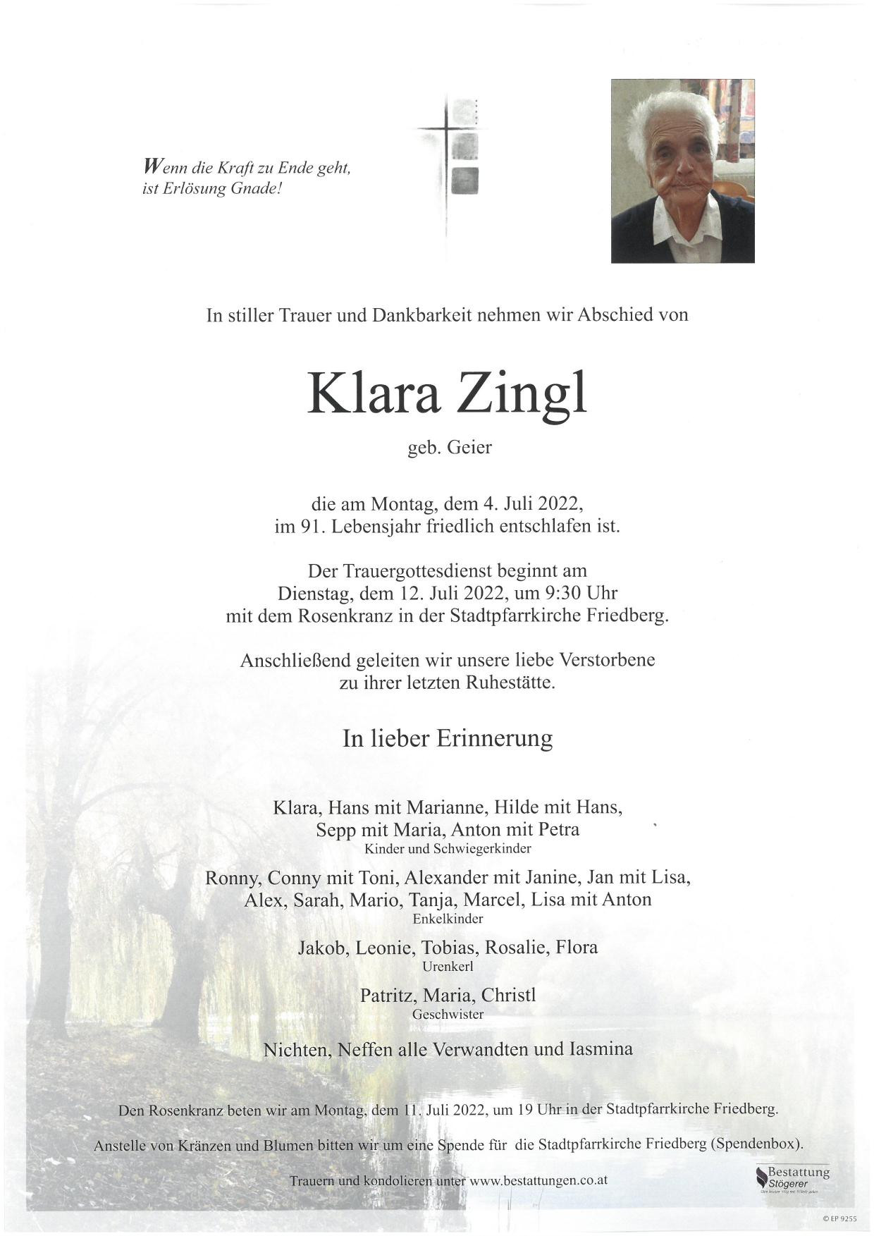 Traueranzeige von Klara Zingl