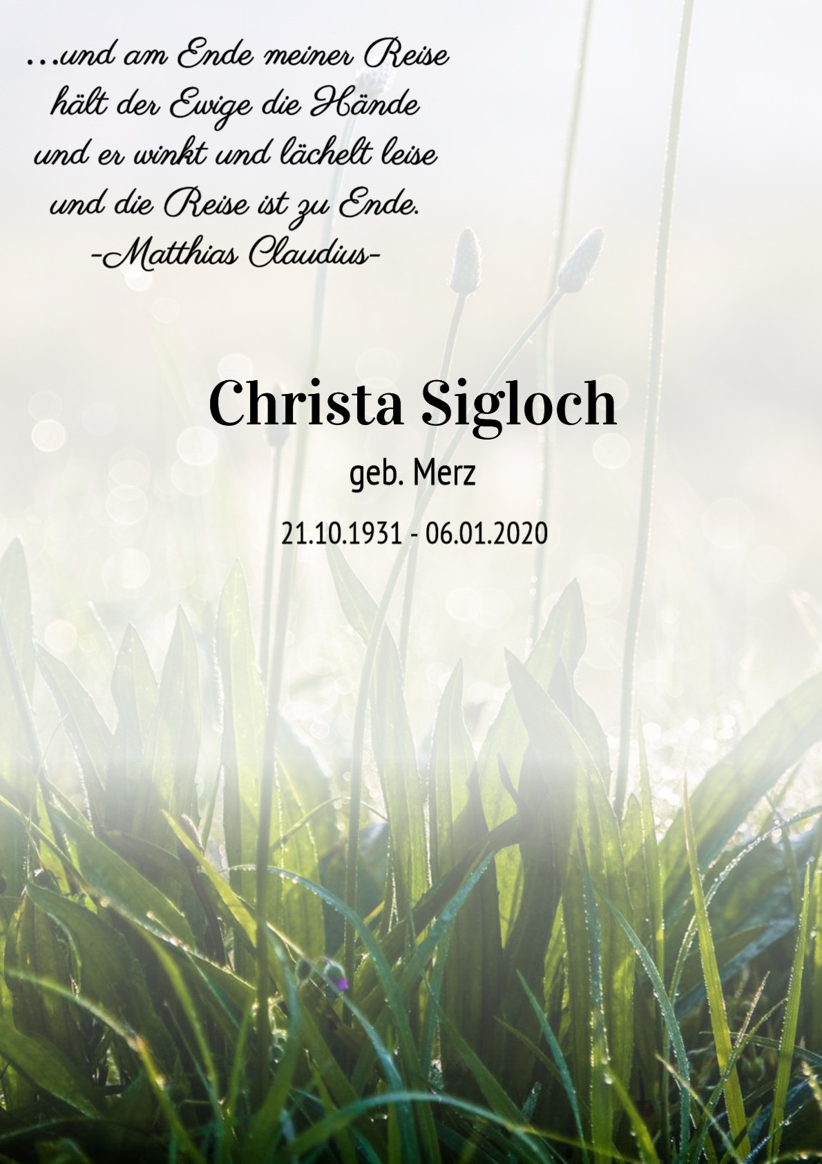 Traueranzeige von Christa Sigloch