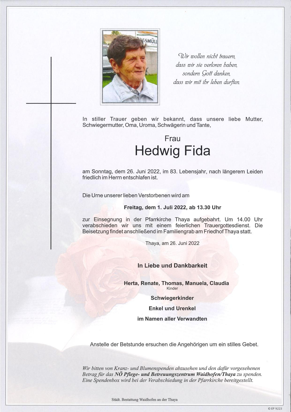 Traueranzeige von Hedwig Fida