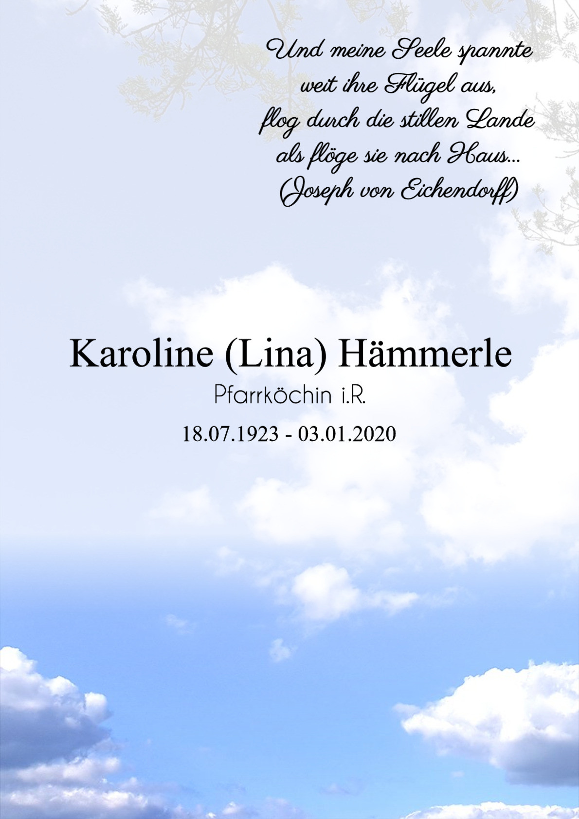 Traueranzeige von Karoline (Lina) Hämmerle