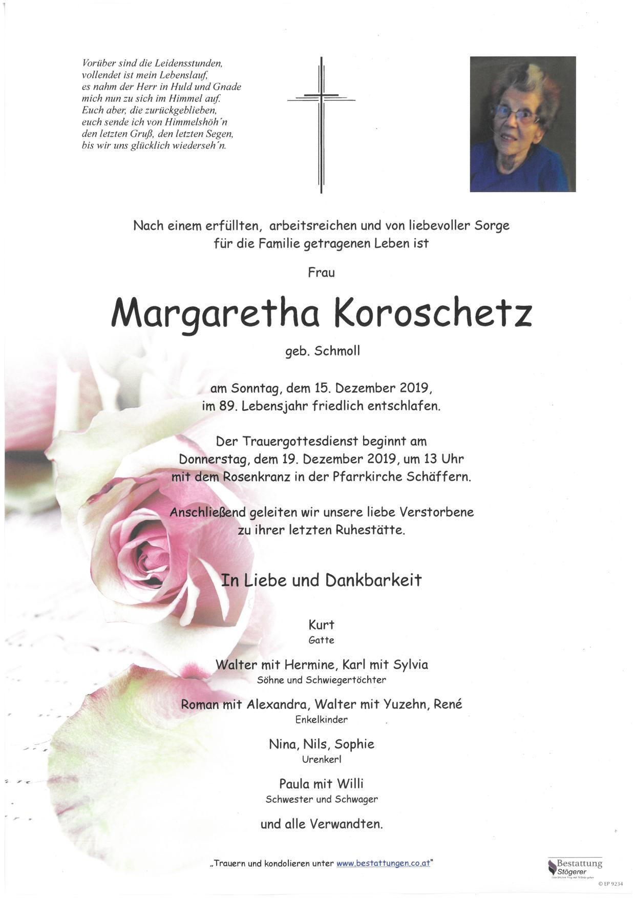Traueranzeige von Margaretha Koroschetz