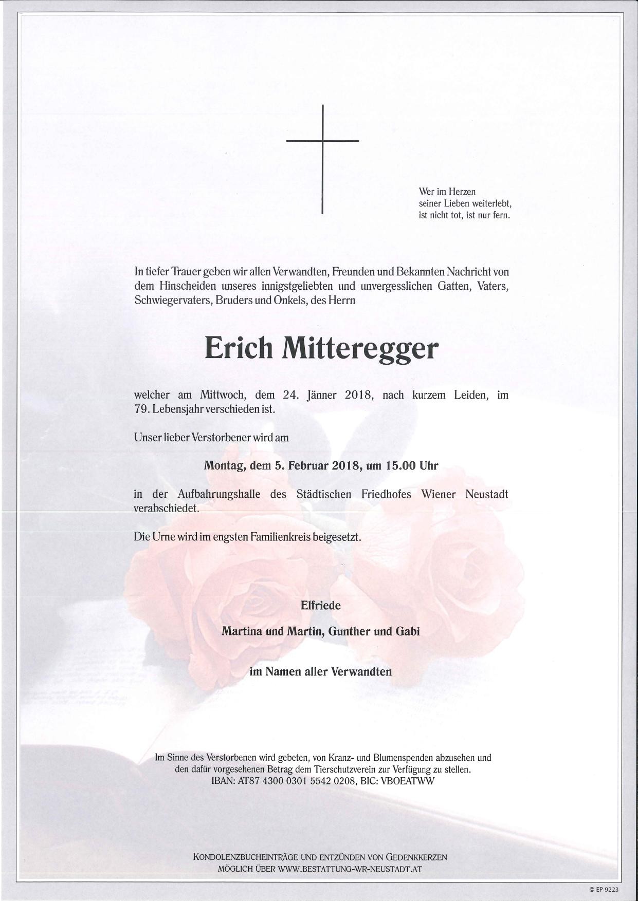 Traueranzeige von Erich Mitteregger