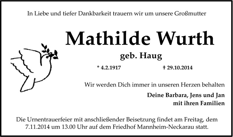 Traueranzeige von Mathilde Wurth
