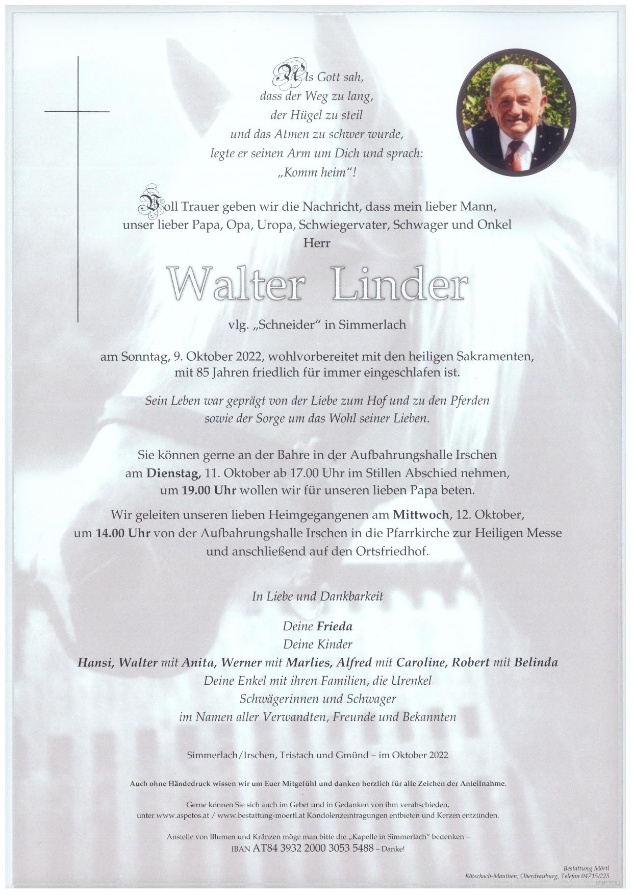 Traueranzeige von Walter Linder