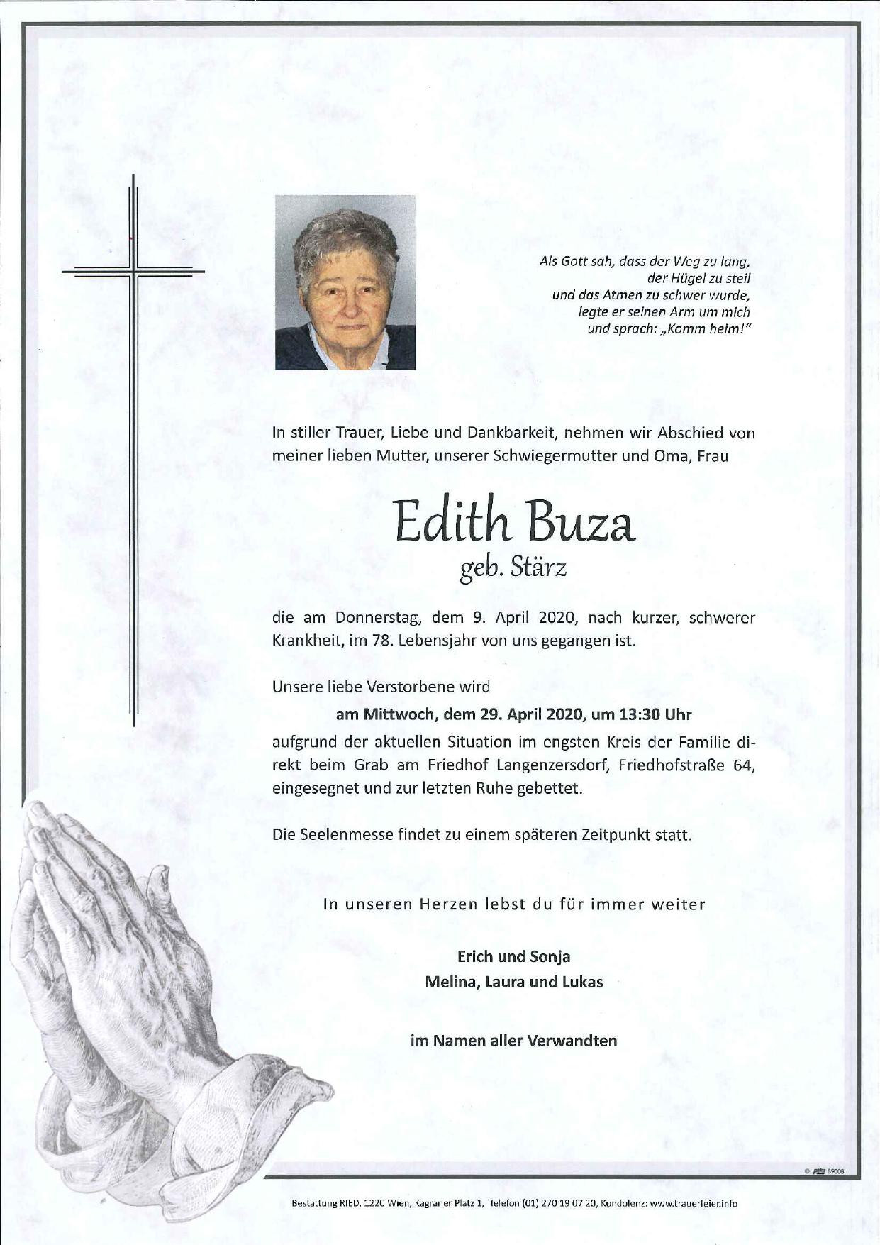 Traueranzeige von Edith Buza