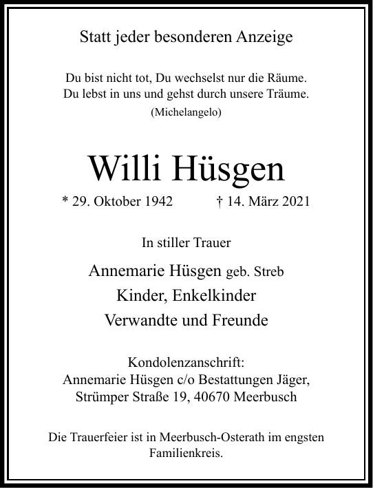 Traueranzeige von Willi Hüsgen
