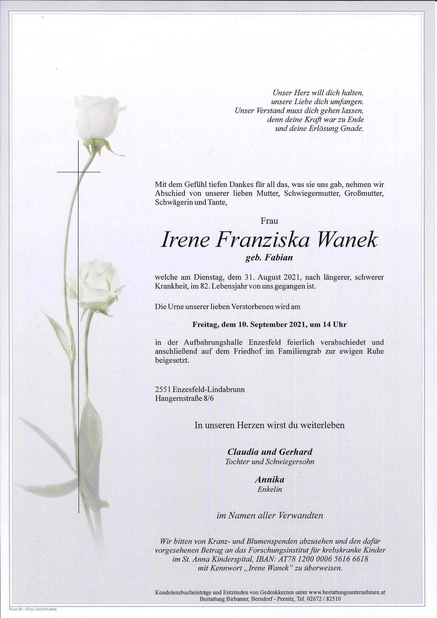 Traueranzeige von Irene Franziska Wanek