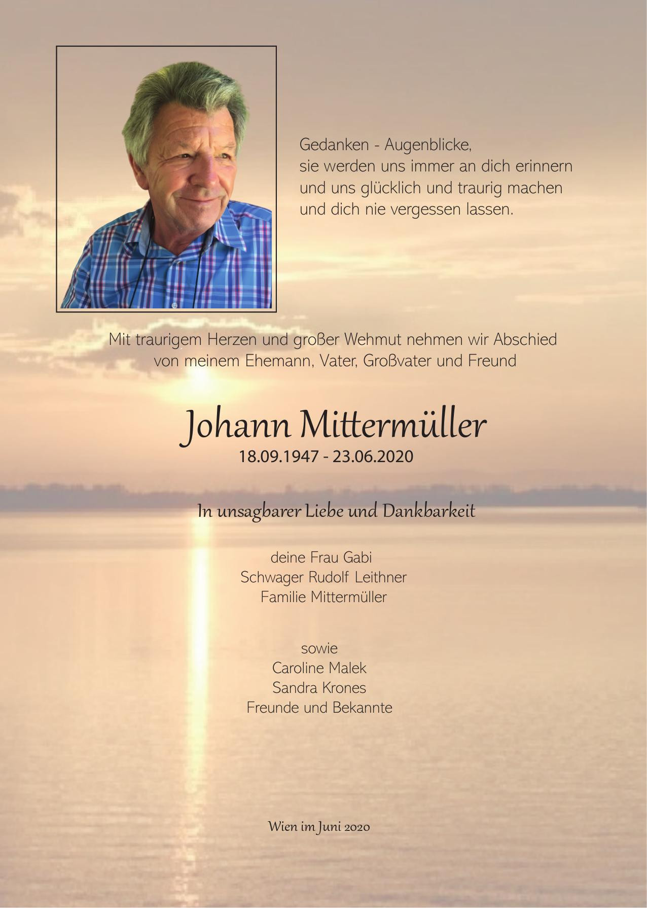 Traueranzeige von Johann Mittermüller
